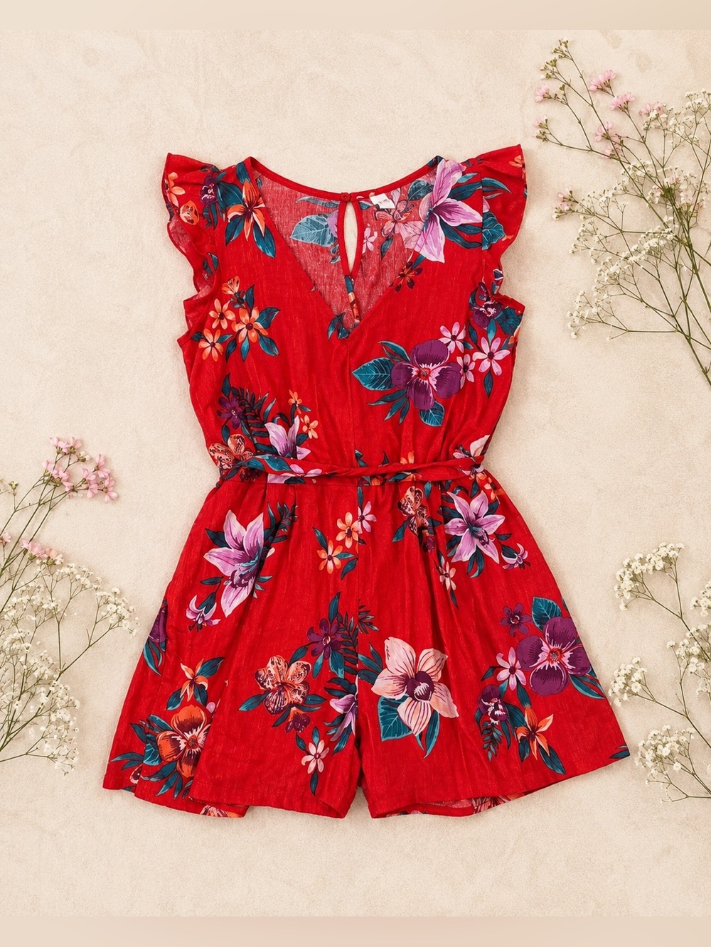 Gorgeous Linen Floral Romper with ruffle sleeves
